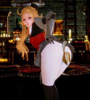 1girl 3d ass between_buttocks black_footwear blonde_hair blue_eyes book book_stack boots bravely_default:_flying_fairy bravely_default_(series) buttjob edea_lee gauntlets highres ladder leggings looking_back penis rubbing table white_leggings