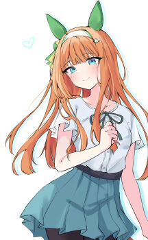 Rule 34 | 1girl, absurdres, animal ears, aqua eyes, aqua skirt, black pantyhose, breasts, closed mouth, commentary request, cowboy shot, ear covers, highres, horse ears, horse girl, light blush, long hair, looking at viewer, neck ribbon, orange hair, pantyhose, ribbon, shirt, shirt tucked in, short sleeves, silence suzuka (casual) (umamusume), silence suzuka (umamusume), simple background, skirt, small breasts, smile, solo, tiara (871220), umamusume, white background, white shirt
