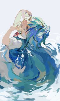 1girl blue_bow blue_dress blue_hair blue_nails bow cirno collared_shirt dress hair_bow hands_on_own_face hands_up highres ice ice_wings looking_up neck_ribbon partially_submerged puffy_short_sleeves puffy_sleeves red_ribbon ribbon shinjitsu_no_kuchi shirt short_hair short_sleeves solo touhou water white_shirt wings