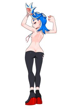 backboob blue_hair breasts butt_crack cameltoe cephalopod_eyes charm_(object) clothing_cutout colored_inner_hair fingernails from_behind full_body hands_up highres holding holding_own_hair jewelry koharu2.5 looking_at_viewer looking_back lowleg lowleg_pants medium_breasts multicolored_hair necklace nintendo octoling pants pendant pink_pupils platform_shoes polka_dot polka_dot_hair red_eyes sharp_fingernails shiver_(splatoon) sideways_glance simple_background skin_tight splatoon_(series) topless_female white_background white_hair wide_hips