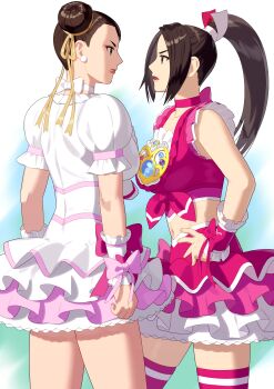 absurdres brown_eyes capcom choker chun-li commission cosplay crossover cure_melody cure_melody_(cosplay) cure_rhythm cure_rhythm_(cosplay) double_bun dress fatal_fury frilled_dress frills hair_bun highres koshimizu_ami long_hair magical_girl orikasa_fumiko pink_choker ponytail precure shiranui_mai short_sleeves skeb_commission street_fighter suite_precure the_king_of_fighters voice_actor_connection white_dress wrist_cuffs yagi2013