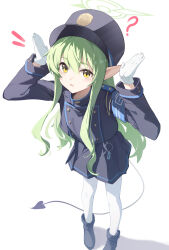 Rule 34 | 1girl, ?, absurdres, armband, black footwear, black hat, black jacket, black skirt, black tail, blue archive, blue armband, blush, commentary request, demon tail, foreshortening, from above, gloves, green hair, green halo, halo, hands up, hat, highres, hikari (blue archive), hishiki (pixi14719710), jacket, long hair, long sleeves, looking at viewer, miniskirt, notice lines, open mouth, pantyhose, peaked cap, pleated skirt, pointy ears, sidelocks, simple background, skirt, solo, standing, tail, train conductor, tsurime, upturned eyes, very long hair, white background, white gloves, white pantyhose, yellow eyes