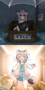 +++ 1girl abandoned animal_ear_fluff animal_ears before_and_after black_shirt blank_eyes box bright_background brown_hair cardboard_box clock collarbone commentary contrast couch day depressed english_commentary facing_viewer fangs for_adoption hair_ribbon happy highres hyurisaki indoors jumping komachi_panko looking_at_viewer messy_hair multiple_views night off_shoulder outdoors phase_connect rain red_panda_ears red_panda_girl red_panda_tail ribbon road sad second-party_source shirt short_hair skin_fangs street tail torn_clothes umbrella virtual_youtuber wet