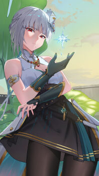 1girl absurdres bare_shoulders black_pantyhose black_skirt breasts chamaru5963 cleavage closed_mouth collar commentary cowboy_shot gloves green_gloves grey_hair hand_up high-waist_skirt highres ice looking_at_viewer mask mask_on_head medium_breasts mismatched_irises mole mole_under_mouth official_alternate_costume outdoors pantyhose red_eyes sanhua_(exorcistic_adjuration)_(wuthering_waves) sanhua_(wuthering_waves) short_hair single_glove skirt solo tacet_mark_(wuthering_waves) white_collar wuthering_waves