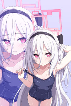 1girl absurdres albino black_hairband blue_archive blue_one-piece_swimsuit breasts collarbone hair_between_eyes hairband halo highres kame_(nokonoko10271) kei_(blue_archive) kei_(new_body)_(blue_archive) loli long_hair long_hair_between_eyes looking_at_viewer multiple_views old_school_swimsuit one-piece_swimsuit pink_halo rectangular_halo red_eyes ringed_eyes school_swimsuit small_breasts swimsuit white_hair zoom_layer