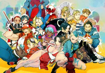 Rule 34 | 6+boys, 6+girls, :d, absurdres, akuma (street fighter), aqua hat, aqua leotard, baseball cap, beard stubble, belt, black belt, black dress, black gloves, black hair, blonde hair, blue eyes, boxing gloves, braid, breasts, brown gloves, brown hair, cammy white, capcom, capcom fighting jam, catherine rain bilstein, cody travers, commentary, crossover, dark-skinned female, dark skin, darkstalkers, demitri maximoff, denim, dress, edward fokker, english commentary, expressionless, facial hair, fatal fury, final fight, fingerless gloves, frown, genderswap, genderswap (mtf), glasses, gloves, goggles, goggles on head, grin, guy (final fight), hat, headband, highres, ichimonji batsu, jacket, jeans, juliet sleeves, justice gakuen, kagami kyosuke, killer bee cammy, kusanagi kyou, large breasts, leotard, long hair, long sleeves, luca (star gladiator), maid, maid headdress, medium breasts, midnight bliss, mini hat, moero! justice gakuen, moon print, multiple boys, multiple girls, official art, open mouth, orange eyes, orange hair, pants, pink hat, pointy ears, power stone, puffy sleeves, red hair, red hat, red jacket, second-party source, shin akuma, shiranui mai, short hair, sitting, sleeveless, sleeveless jacket, small breasts, smile, snk, spiked hair, star gladiator, street fighter, street fighter zero (series), stubble, tamio, terry bogard, the king of fighters, tiffany lords, twin braids, white headband, yagami iori, yellow eyes