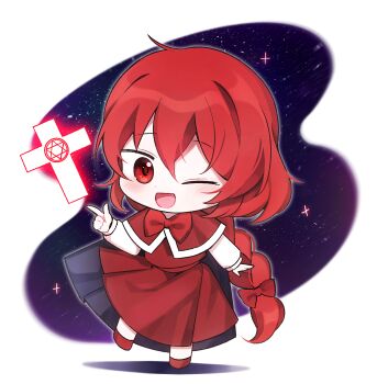 1girl ;d blush bow bowtie braid capelet chibi chibi_only commentary_request cross dot_nose double-parted_bangs dress full_body hair_between_eyes hair_bow hand_up highres index_finger_raised long_hair long_sleeves looking_at_viewer okazaki_yumemi one_eye_closed open_mouth red_bow red_bowtie red_capelet red_dress red_hair red_shoes shirt shoes single_braid smile solo soooooook2 standing standing_on_one_leg star_(sky) starry_sky_background touhou touhou_(pc-98) white_shirt