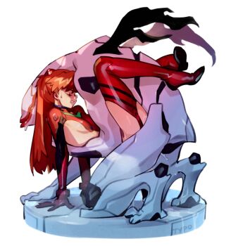 1girl adapted_costume all_fours arm_support bodysuit breasts clenched_teeth closed_eyes clothed_sex garter_straps hairpods held_up interface_headset_(evangelion) leg_lock lifting_person mass_production_eva mecha_pilot_suit monster_boy neon_genesis_evangelion optionaltypo orange_hair plugsuit_(evangelion) rape red_bodysuit red_hair sex sideboob simple_background small_breasts souryuu_asuka_langley sweatdrop teeth thighhighs vaginal white_background