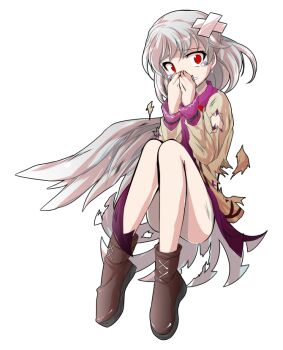 Rule 34 | 1girl, alphes (style), beaten, brown shoes, commentary request, convenient leg, covering own mouth, crossed bandaids, dairi, defeat, dress, full body, grey hair, hand over own mouth, jacket, kishin sagume, large variant set, open clothes, open jacket, parody, purple dress, shoes, short hair, single wing, solo, style parody, tachi-e, thighs, torn clothes, touhou, transparent background, variant set, wings