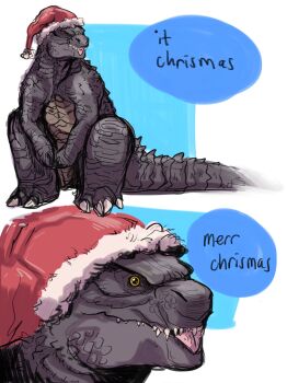 Rule 34 | artist request, christmas, colored sclera, english text, godzilla, godzilla (2014), godzilla (series), hat, highres, kaiju, legendary pictures, legendfromthedeep, merry christmas, monster, monsterverse, no humans, santa hat, solo, speech bubble, tail, toho, tongue, yellow sclera
