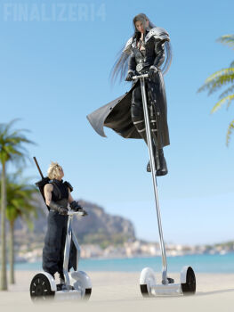 2boys 3d absurdres armor artist_name beach belt black_footwear black_gloves blender_(medium) blonde_hair blue_sky blurry blurry_background boots buster_sword clear_sky cloud_strife engineering_nonsense final_fantasy final_fantasy_vii final_fantasy_vii_rebirth final_fantasy_vii_remake gloves grey_hair highres jacket long_hair looking_at_another looking_up male_focus mountainous_horizon multiple_boys nautilic outdoors palm_tree parted_bangs segway sephiroth shirt short_hair shoulder_armor sky sleeveless sleeveless_shirt smile spiked_hair tree watermark