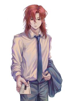 1boy blue_necktie brown_eyes cale_henituse collared_shirt commentary_request cowboy_shot formal_clothes grey_pants hair_between_eyes hana_talking highres holding holding_jacket holding_unworn_clothes id_card jacket korean_commentary long_hair long_sleeves looking_at_viewer lout_of_count&#039;s_family male_focus necktie pants parted_lips red_eyes red_hair shirt simple_background solo standing suit unworn_jacket white_background white_shirt