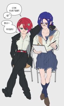 1boy 1girl absurdres amate_yuzuriha aqua_eyes arm_around_neck bandaid bandaid_on_face bandaid_on_nose belt blue_hair chair collared_shirt colored_inner_hair crossdressing crossdressing_(ftm) crossdressing_(mtf) crossed_legs delinquent gakuran glasses grey_background gundam gundam_gquuuuuux hair_ornament hairclip hand_in_pocket highres holding holding_paper holding_pencil korean_text long_sleeves looking_at_viewer multicolored_hair neckerchief on_chair open_mouth pants paper pencil ponytail purple_hair red_eyes red_hair role_reversal school_uniform serafuku shirt shoes short_hair shuji_ito simple_background sitting skirt socks speech_bubble translation_request two-tone_hair white_shirt yang_gallae