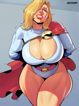 1girl belt blonde_hair blue_gloves breasts cape cleavage_cutout clothing_cutout dc_comics gloves gloves_over_sleeves highleg highleg_leotard highres huge_breasts jacogramc large_breasts leotard muscular muscular_female power_girl red_belt red_cape sleeved_leotard solo superhero_costume superman_(series) thick_thighs thighs white_leotard