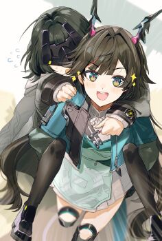 Rule 34 | 2girls, :d, aqua eyes, aqua jacket, arknights, arknights: endfield, black hair, black jacket, black pantyhose, black shoes, carrying, carrying person, chen qianyu (arknights), commentary request, cosplay, dragon girl, dragon horns, dragon tail, endministrator (arknights), female endministrator (arknights), female endministrator (arknights) (cosplay), flying sweatdrops, highres, horns, jacket, kanisakiclub, light blush, long hair, mask, multiple girls, open clothes, open jacket, open mouth, pantyhose, piggyback, ponytail, shoes, short hair, smile, sweatdrop, tail