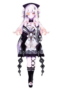 1girl absurdres black_bow black_socks bow breasts cleavage closed_mouth commentary_request detached_collar detached_sleeves double_bun dress floral_print flower flower_ornament flower_over_eye frilled_dress frills full_body hair_bow hair_bun hand_on_own_chest highres japanese_clothes kneehighs long_hair long_sleeves looking_at_viewer magical_girl mahou_shoujo_no_inshuu_mura multicolored_hair official_art orange_eyes patterned_clothing ribbon second-party_source simple_background socks solo standing umemaro_(siona0908) watanuki_sakuya_(manomura) white_dress white_flower white_hair white_ribbon wide_sleeves