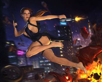 1girl absurdres barefoot black_dress black_panties brown_eyes brown_hair city city_lights clip_studio_paint_(medium) commentary cuts dalejomej dirty dirty_clothes dirty_face dress dynamic_pose english_commentary explosion full_body gun handgun highres holding holding_gun holding_weapon holster injury lara_croft night panties scratches short_dress thigh_holster tomb_raider torn torn_clothes torn_dress underwear violence weapon