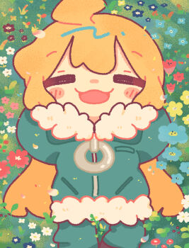 1girl :3 =_= absurdres ahoge blonde_hair blush closed_eyes coat flower grass green_coat green_pants highres hishimatope long_hair lying on_back open_mouth pants shoujo_shuumatsu_ryokou smile solo yuuri_(shoujo_shuumatsu_ryokou) zipper zipper_pull_tab