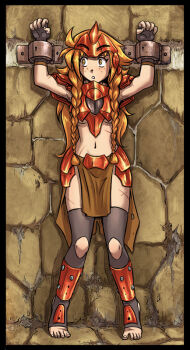 Rule 34 | 1girl, armor, barefoot, bdsm, bondage, bound, bound wrists, braid, breasts, captured, cuffs, fingerless gloves, freckles, gloves, les chevaucheurs, loincloth, long hair, maxa', midriff, navel, phenice walholl, red hair, scar, shackles, toeless legwear, toes, underboob, wall