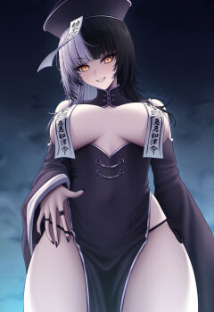 1girl absurdres alternate_costume black_dress black_hair black_nails breasts breasts_apart china_dress chinese_clothes cleavage_cutout clothing_cutout commentary dress grey_hair grin hat highres hololive hololive_english jewelry jiangshi large_breasts long_hair looking_at_viewer moovalandi multicolored_hair multiple_rings ofuda ofuda_on_clothes ofuda_on_nipples pasties qingdai_guanmao ring shiori_novella smile solo split-color_hair standing teeth virtual_youtuber yellow_eyes