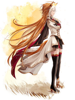 1girl animal_ears boots closed_eyes ear_covers full_body grass highres horse_ears horse_girl horse_tail long_hair orange_hair orfevre_(control)_(umamusume) orfevre_(umamusume) smile solo tail umamusume very_long_hair white_background yue_(lov_n_n)