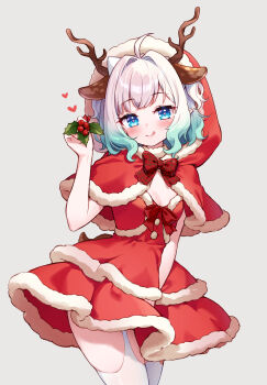 1girl :q absurdres ahoge animal_ears antlers blue_eyes bow breasts cleavage cleavage_cutout clothing_cutout commentary deer_ears densetsu.exe dress english_commentary gradient_hair green_hair heart highres holding_holly holly horns looking_at_viewer mint_fantome moorina multicolored_hair pointy_ears red_dress reindeer_antlers short_hair small_breasts thick_thighs thighhighs thighs tongue tongue_out triangular_headpiece virtual_youtuber white_hair