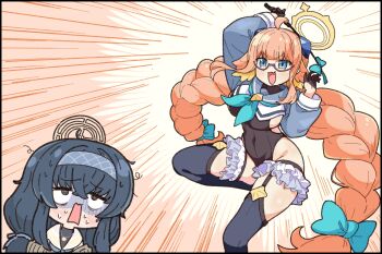 2girls :d @_@ ahoge aqua_neckerchief arm_up black_gloves black_hair black_leotard black_thighhighs blue_archive blue_eyes blue_shirt blunt_bangs braid breasts chibi chibi_inset commentary_request cropped_shirt crossed_bangs emphasis_lines fang feather_hair foot_out_of_frame frilled_thigh_strap garter_straps glasses gloves hair_between_eyes half_gloves halo holding holding_whip jewelry large_breasts leotard long_hair long_sleeves looking_at_another looking_at_viewer low_twintails multiple_girls neckerchief official_alternate_costume official_alternate_hairstyle open_mouth orange_hair pendant sailor_collar school_uniform semi-rimless_eyewear serafuku shaded_face shimiko_(blue_archive) shimiko_(magical)_(blue_archive) shirt simple_background skin_fang smile standing standing_on_one_leg sweat thigh_strap thighhighs thighs twin_braids twintails ui_(blue_archive) upper_body upturned_eyes v-shaped_eyebrows very_long_hair wavy_mouth white_background white_sailor_collar yakushima yellow_halo