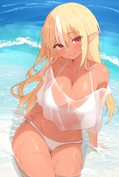 1girl absurdres bikini blonde_hair breasts cleavage collarbone commentary_request covered_navel curvy dark-skinned_female dark_skin elf hair_between_eyes halterneck highres hololive large_breasts long_hair looking_at_viewer multicolored_hair o-ring o-ring_bikini o-ring_bottom off_shoulder outdoors pointy_ears red_eyes see-through_clothes see-through_shirt sen_(senkuden) shiranui_flare shirt sitting_on_water smile solo streaked_hair swimsuit thighs virtual_youtuber water wet white_bikini white_hair