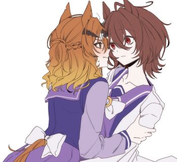 2girls agnes_tachyon_(umamusume) animal_ears blush bow bowtie braid brown_eyes brown_hair closed_mouth commentary eong_1009 half_up_braid hand_on_another&#039;s_arm hashtag-only_commentary highres horse_ears horse_girl horse_tail jungle_pocket_(umamusume) medium_hair multiple_girls parted_lips purple_sash purple_serafuku purple_shirt purple_skirt red_eyes sash school_uniform serafuku shirt simple_background skirt sweat tail tracen_school_uniform umamusume white_background white_bow white_bowtie yuri