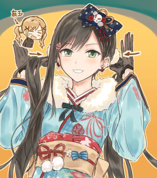 2girls :d absurdres arrow_(symbol) bang_dream! bang_dream!_girls_band_party! black_gloves black_hair black_sweater blank_eyes blue_kimono borrowed_accessory borrowed_hairstyle brown_sash chibi chibi_inset commentary_request earrings flower flower_earrings fur-trimmed_kimono fur_trim gloves green_eyes grin hair_flower hair_ornament half_gloves hanazono_tae highres holding holding_own_hair ichigaya_arisa japanese_clothes jewelry kimono long_hair long_sleeves looking_at_viewer multiple_girls obi open_mouth pink_flower rabbit_hair_ornament revision sash sidelocks single_sidelock smile solo_focus sweatdrop sweater swept_bangs translation_request twintails upper_body v-shaped_eyebrows very_long_hair yellow_background yukitake_(bullfalk)