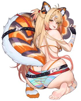 Rule 34 | 1girl, absurdres, ahoge, animal ear fluff, animal ears, ass, bandaid, bandaid on arm, bandaid on leg, belt, black belt, black gloves, blonde hair, boshke, breasts, cat ears, commission, ebiko (vtuber), fingerless gloves, gloves, hair ornament, heart, heart hair ornament, highres, indie virtual youtuber, long hair, looking back, median furrow, orange eyes, orange nails, orange socks, red belt, shrimp tail, single bare foot, socks, solo, star (symbol), striped clothes, striped socks, tongue, virtual youtuber, white socks