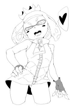 Rule 34 | 1girl, blush stickers, breasts, cephalopod eyes, collared dress, commentary request, crown, dress, fingerless gloves, fingernails, gloves, gluteal fold, hand on own hip, heart, high collar, highres, looking at viewer, medium hair, mole, mole under mouth, nintendo, octoling, open mouth, pearl (splatoon), sharp fingernails, short dress, short eyebrows, simple background, sleeveless, sleeveless dress, small breasts, splatoon (series), splatoon 2, spoken heart, suction cups, symbol-shaped pupils, tentacle hair, white background, zettai yarumoni, zipper pull tab