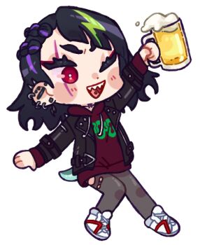 Rule 34 | 1girl, arm up, beer mug, black hair, black jacket, blush, blush stickers, bright pupils, chibi, commentary, coqui saporana, cup, dot nose, drawstring, drink, ear piercing, earrings, english commentary, frog girl, full body, green hair, grey pantyhose, holding, holding cup, holding drink, hood, hood down, hoodie, jacket, jewelry, leather, leather jacket, long sleeves, lumiseal, medium hair, mug, multicolored hair, official alternate hairstyle, one eye closed, open clothes, open jacket, open mouth, pantyhose, piercing, purple hair, red eyes, red hoodie, rummy &amp; coqui, scar, scar across eye, scar on face, sharp teeth, shoes, smile, solo, streaked hair, tadpole tail, tail, teeth, tongue piercing, torn clothes, torn pantyhose, transparent background, upper teeth only, v-shaped eyebrows, virtual youtuber, white pupils, white shoes