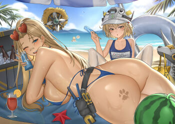 3girls absurdres ass bandaid bandaid_on_face bandaid_on_nose bikini blonde_hair blue_bikini blue_hair blue_one-piece_swimsuit blue_sky centi_(nikke) centi_(ocean_repair)_(nikke) elegg_(boom_and_shock)_(nikke) elegg_(nikke) eyewear_on_head food fruit goddess_of_victory:_nikke heart heart-shaped_eyewear highres liter_(guardfish)_(nikke) liter_(nikke) long_hair looking_at_viewer multiple_girls non-humanoid_robot ocean official_alternate_costume one-piece_swimsuit outdoors paw_print robot robot_animal school_swimsuit short_hair sky sunglasses swimsuit tan tanline toolbox volt_(nikke) watermelon yellow_eyes yijie_xianyu