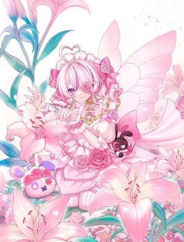 Rule 34 | 1girl, ahoge, blush, bow, butterfly wings, cheese.v100, clothing cutout, commentary, dress, english commentary, fishnet gloves, fishnets, flower, flower dress, gloves, hair bow, heart, heart ahoge, highres, insect wings, lily (flower), maid headdress, maria marionette, marippet (maria marionette), multicolored hair, nijisanji, nijisanji en, pink dress, pink eyes, pink flower, pink hair, pink rose, purple hair, rose, shoulder cutout, sir ventrilo (maria marionette), smile, sparkle, streaked hair, virtual youtuber, white background, wings