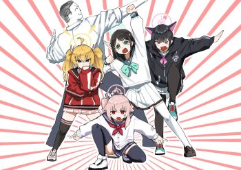 1boy 4girls a_(mitei7926) ahoge airi_(blue_archive) animal_ears arm_up ascot black_jacket black_pantyhose black_thighhighs blue_archive blush bow bowtie brown_eyes brown_shoes cat_ears clenched_hand doodle_sensei_(blue_archive) fang full_body ginyu_force_pose green_eyes hair_ornament halo jacket kazusa_(blue_archive) legs_apart loafers long_sleeves miniskirt multiple_girls natsu_(blue_archive) on_one_knee open_mouth outstretched_arms pantyhose pink_ascot pink_eyes pink_skirt red_eyes red_jacket sailor_collar sensei_(blue_archive) shirt shoes side_ponytail skirt smile sneakers spread_arms standing standing_on_one_leg sunburst sunburst_background sweatdrop thighhighs twintails v-shaped_eyebrows white_shirt white_shoes white_skirt white_thighhighs yellow_eyes yoshimi_(blue_archive)