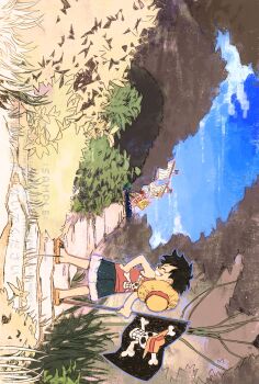 1boy ^_^ aged_down back black_hair blue_shorts blue_sky boat closed_eyes flag full_body hand_on_own_hip hashtag-only_commentary hat highres holding holding_flag jolly_roger monkey_d._luffy one_piece outdoors sample_watermark sandals shorts siyangou49 sky smile straw_hat straw_hats_jolly_roger thousand_sunny watercraft watermark