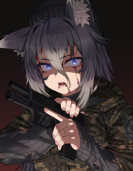 1girl absurdres animal_ear_fluff animal_ears black_hat black_sweater blood blood_on_face blue_eyes bt_(user_udwc7853) camouflage camouflage_jacket cocking_gun commentary commission english_commentary fangs glock grey_hair gun hair_between_eyes handgun hat highres holding holding_gun holding_weapon hood hooded_jacket jacket long_sleeves mole mole_under_eye open_mouth original patch ribbed_sweater shoulder_patch solo sweater teeth tongue weapon