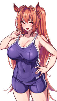 Rule 34 | 1girl, absurdres, animal ears, antenna hair, bare arms, blue one-piece swimsuit, breasts, brown hair, cleavage, clothes pull, commentary request, covered navel, daiwa scarlet (umamusume), hair intakes, hand on own hip, highres, horse ears, horse girl, horse tail, large breasts, long hair, looking at viewer, one-piece swimsuit, one-piece swimsuit pull, open mouth, red eyes, school swimsuit, simple background, smile, solo, swimsuit, tail, thighs, tracen swimsuit, twintails, umamusume, utsuke (u tuk e), very long hair, white background