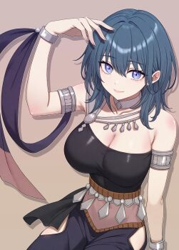 1girl alternate_costume ancient_greek_clothes arm_up armlet armpits bare_arms bare_shoulders blue_eyes blue_hair breasts brown_background choker_jewel cleavage closed_mouth commentary_request dancer dancer_(fire_emblem:_three_houses) dress female_byleth_(fire_emblem) fire_emblem fire_emblem:_three_houses gem greco-roman_clothes highres jewelry large_breasts long_hair looking_at_viewer medium_hair nintendo ootuk simple_background single-shoulder_dress skindentation smile solo thighs