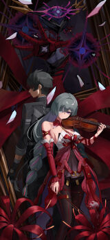 1boy 1girl absurdres bandage_over_one_eye bare_shoulders black_hair black_jacket black_pantyhose black_skirt braid breasts closed_mouth commentary detached_sleeves dress flower grey_eyes grey_hair halter_dress halterneck hecate_(wuthering_waves) highres holding holding_instrument holding_violin instrument jacket kili_(happy_kili) long_hair looking_at_viewer low_twin_braids male_rover_(wuthering_waves) medium_breasts multicolored_hair pantyhose phrolova_(wuthering_waves) red_dress rover_(wuthering_waves) single_detached_sleeve skirt spider_lily streaked_hair tacet_discord_(wuthering_waves) twin_braids violin wuthering_waves