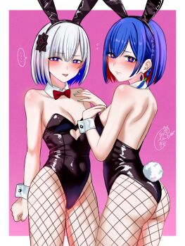 ... 2girls absurdres animal_ear_hairband animal_ears aqua_nails ass backless_leotard bare_shoulders black_leotard blue_eyes blue_hair blush border bow bowtie braid breasts bright_pupils cevio cleavage clothing_cutout colored_inner_hair commentary_request covered_navel cowboy_shot cutout_above_navel detached_collar earrings fake_animal_ears fingernails fishnet_pantyhose fishnets floating_earrings from_behind hair_ornament hairband hand_on_own_chest heart_cutout highleg highleg_leotard highres jewelry kamitsubaki_studio kizakura_art leotard looking_at_viewer median_furrow medium_breasts multicolored_hair multiple_girls pantyhose pink_background playboy_bunny rabbit_ear_hairband rabbit_ears rabbit_tail red_bow red_bowtie red_hair rim_(kamitsubaki_studio) rime_(cevio) short_hair shoulder_blades side_braid signature single_braid straight_hair strapless strapless_leotard tail tongue tongue_out two-tone_hair virtual_youtuber white_border white_hair white_wrist_cuffs wrist_cuffs