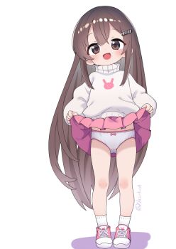 1girl :d baigao-ji_(baigao) bow bow_panties brown_eyes brown_hair clothes_lift commission flat_chest full_body hair_ornament hairclip lifting_own_clothes loli long_hair long_sleeves miniskirt nassukun open_mouth original panties pink_shoes pink_skirt pleated_skirt puffy_long_sleeves puffy_sleeves shoes simple_background skeb_commission skirt skirt_lift smile sneakers socks solo standing sweater turtleneck turtleneck_sweater underwear very_long_hair white_background white_panties white_socks white_sweater