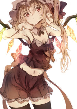 Rule 34 | 1girl, armpits, blonde hair, breasts, cleavage, collarbone, cowboy shot, crystal, embodiment of scarlet devil, flandre scarlet, hair between eyes, hat, hat ribbon, highres, looking at viewer, midriff, mob cap, natsume suzuri, navel, puffy short sleeves, puffy sleeves, red eyes, ribbon, shirt, short hair, short sleeves, side ponytail, simple background, skirt, solo, thighhighs, touhou, white background, wings, zettai ryouiki