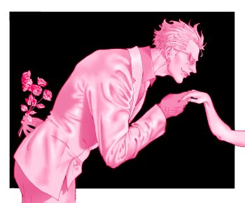 1boy 1girl arm_behind_back black_background blonde_hair bouquet collared_shirt commentary cowboy_shot disembodied_hand donquixote_doflamingo earrings english_commentary flower formal_clothes gloves holding holding_bouquet holding_hands jewelry looking_at_another necktie one_piece pink_theme rose shirt short_hair smile suit yummywormy