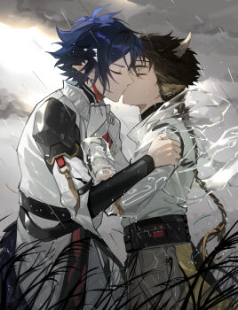 2boys 676643396dolce absurdres animal_ears arknights blue_hair braid brown_hair chinese_commentary closed_eyes commentary_request cow_boy cow_ears cow_horns gloves grass grey_cloak grey_pants highres horns kiss long_hair long_sleeves male_focus multiple_boys pants partially_fingerless_gloves pointy_ears see-through_clothes shirt short_hair short_sleeves sky snake_boy snake_tail tail very_long_hair wan_qing_(arknights) water white_gloves white_pants white_shirt white_sky yaoi zuo_le_(arknights)