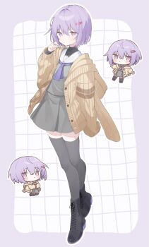 1girl a.i._voice black_boots blush boots brown_cardigan cardigan chibi chibi_inset closed_mouth commentary grey_skirt grey_thighhighs hair_between_eyes hair_ornament hairclip highres hood hood_down hooded_cardigan long_sleeves multiple_views neckerchief open_clothes purple_eyes purple_hair purple_neckerchief sailor_collar short_hair skirt thighhighs voiceroid white_sailor_collar yorky_(0614yorky) yuzuki_yukari yuzuki_yukari_(shizuku)