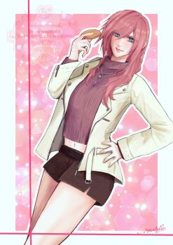 1girl aqua_eyes black_shorts border brown_sweater cowboy_shot dissidia_duellum_final_fantasy dissidia_final_fantasy final_fantasy final_fantasy_xiii food hair_between_eyes hair_over_shoulder hand_on_own_hip highres holding holding_food jacket jewelry light_smile lightning_farron long_hair midriff navel necklace official_alternate_costume pink_background pink_hair ppnt690 shorts signature solo sweater turtleneck turtleneck_sweater white_border white_jacket