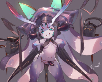 1girl belly breasts character_request colored_skin covered_erect_nipples disgaea disgaea_6 green_eyes grey_background grin headgear highres loli monster_girl plump purple_skin sharp_teeth shell shiny_skin signature simple_background small_breasts smile so-taro solo standing teeth tentacles tera_star thick_thighs thighs video_game