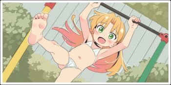 1girl armpits bikini blonde_hair blush cameltoe flat_chest gluteal_fold green_eyes happy highres loli long_hair looking_at_viewer micro_bikini playing ruri_no_houseki saeki_tatsuya solo swimsuit tanigawa_ruri toes webp-to-png_conversion white_bikini